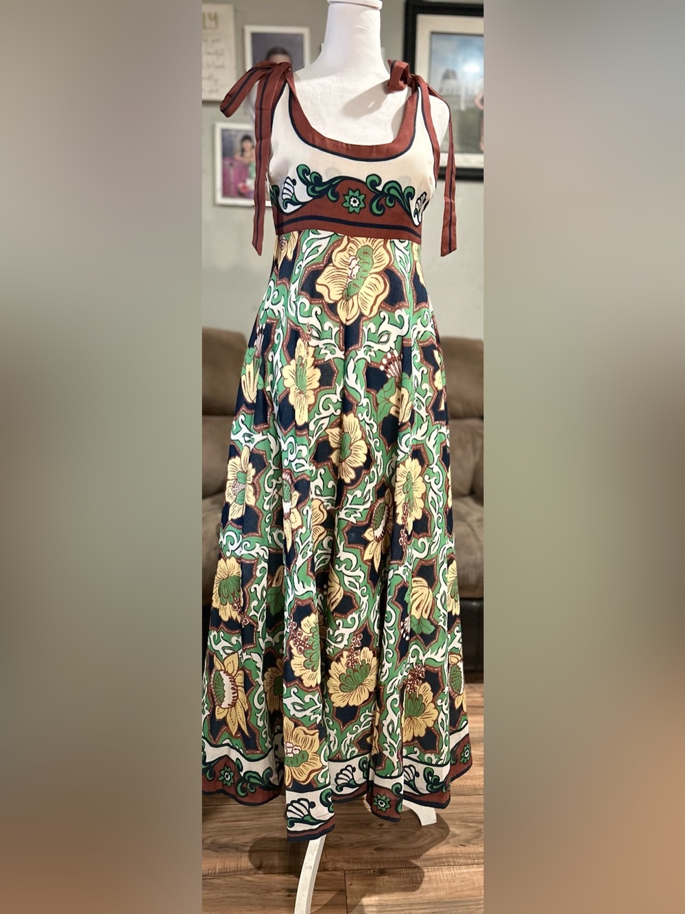 Tie-Shoulder Floral Circle Skater Dress in Green & Brown